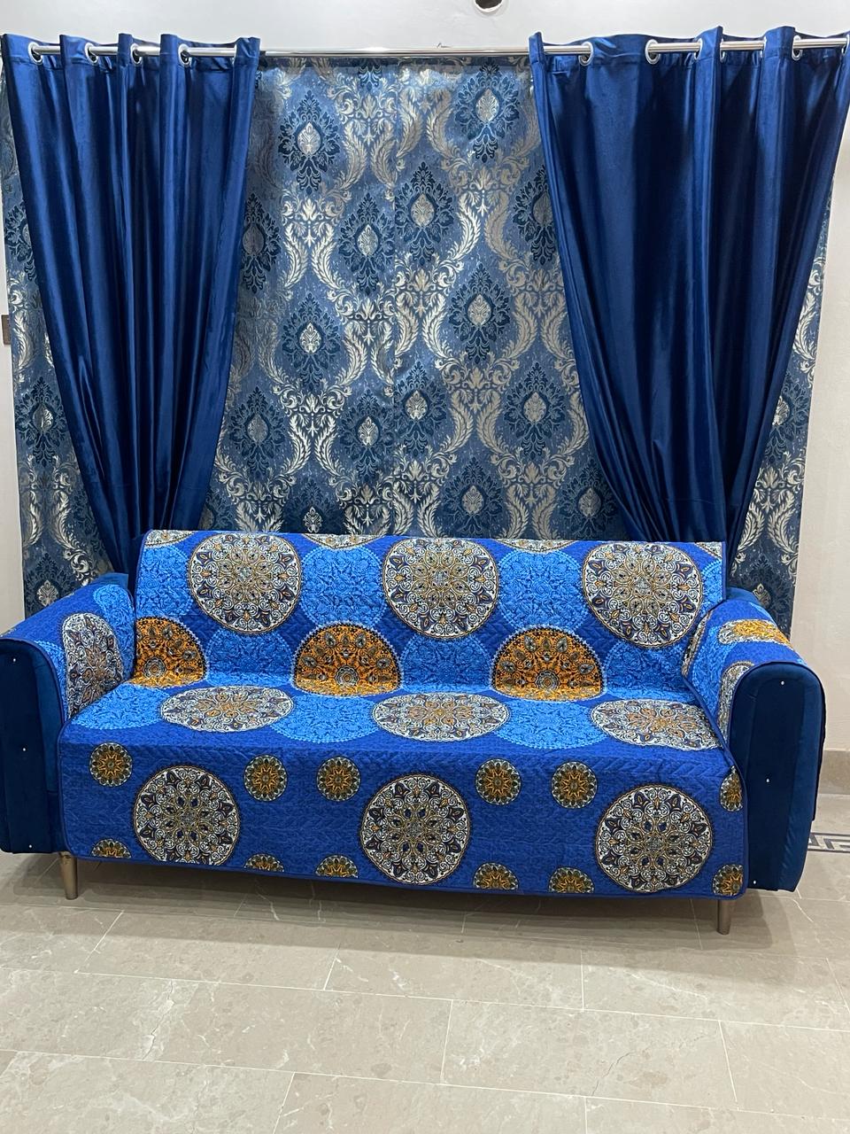 Cotton Quilted Printed Sofa Cover Blue